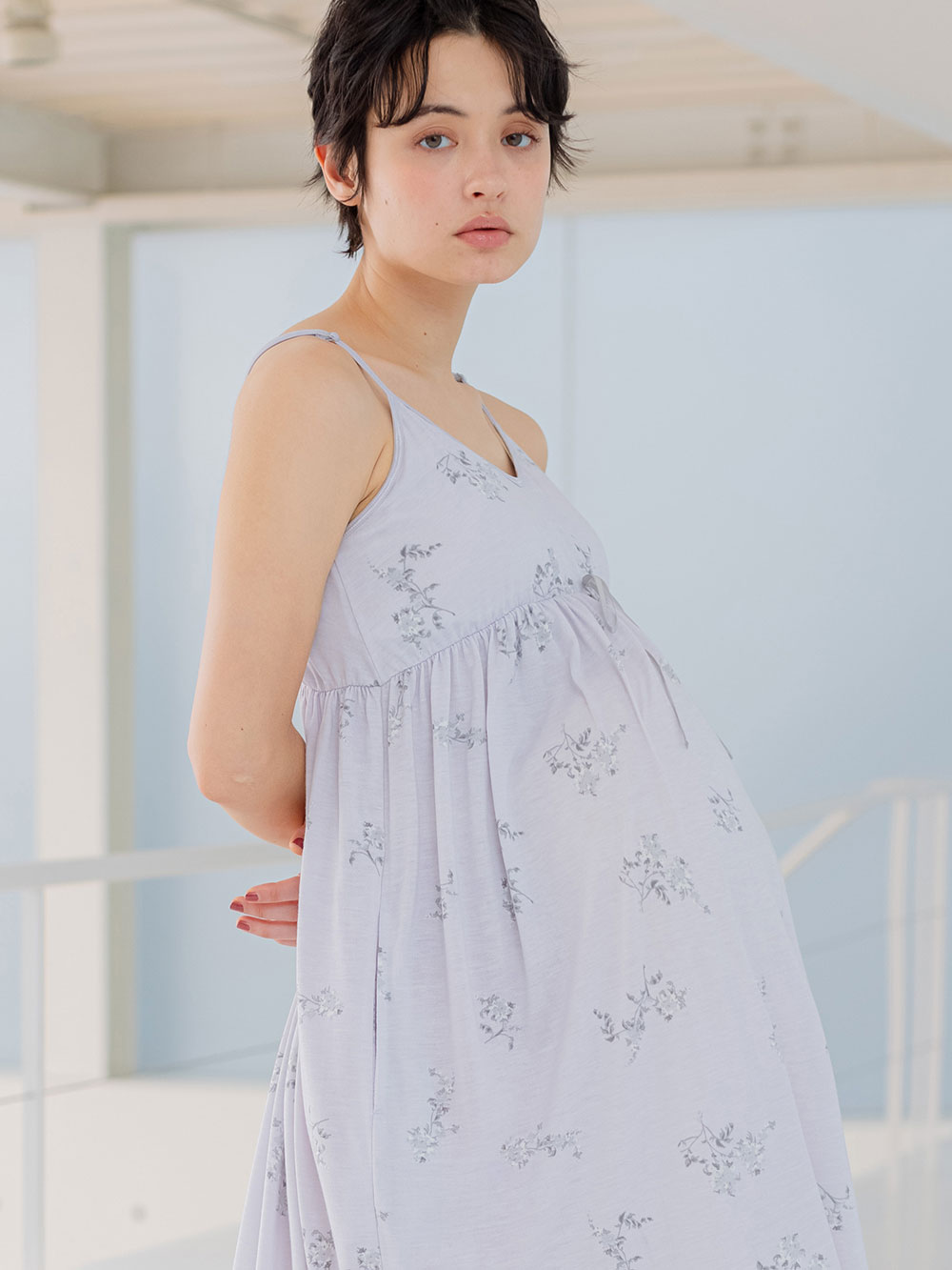 マタニティ パジャマ・ルームウェア|カップ付フラワーキャミドレス　マタニティ・授乳パジャマ・ワンマイル・ホームウェア・大きいサイズ|ペールパープル