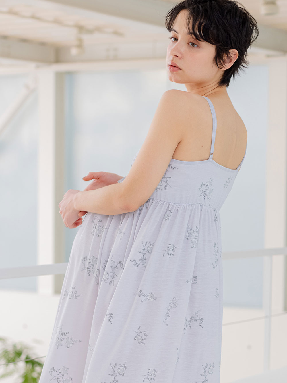 マタニティ パジャマ・ルームウェア|カップ付フラワーキャミドレス　マタニティ・授乳パジャマ・ワンマイル・ホームウェア・大きいサイズ|ペールパープル