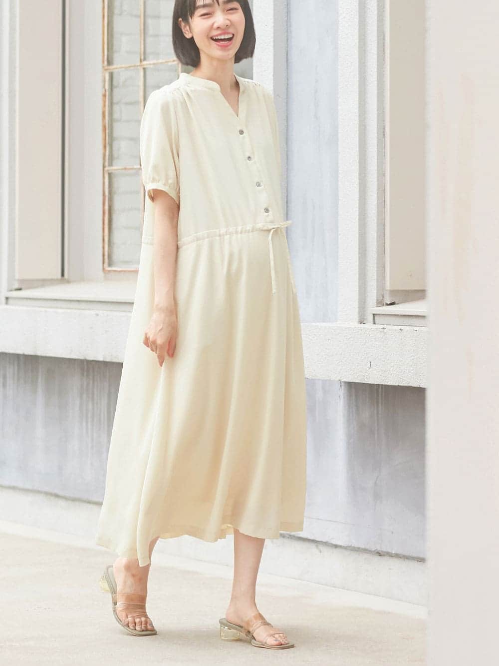 マタニティ ワンピース マタニティ 産後 半袖ギャザーシャツワンピース マタニティウェア 授乳服通販 エンジェリーベ 公式