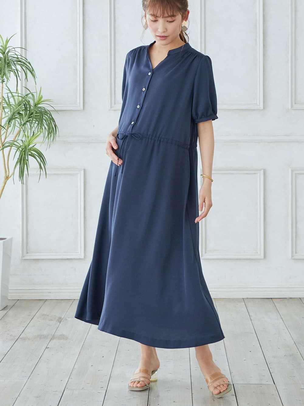 マタニティ ワンピース マタニティ 産後 半袖ギャザーシャツワンピース マタニティウェア 授乳服通販 エンジェリーベ 公式