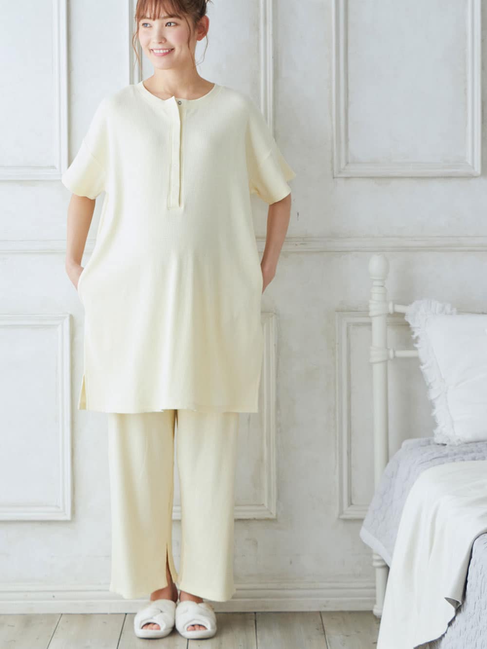 マタニティ パジャマ・ルームウェア|【マタニティ・授乳パジャマ】【セット】【親子コーデ可】リブヘンリーネック半袖トップス＆ワイドパンツ