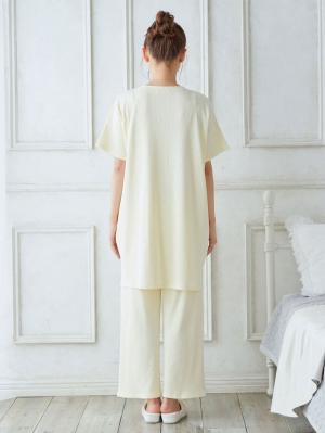 マタニティ パジャマ・ルームウェア|【マタニティ・授乳パジャマ】【セット】【親子コーデ可】リブヘンリーネック半袖トップス＆ワイドパンツ