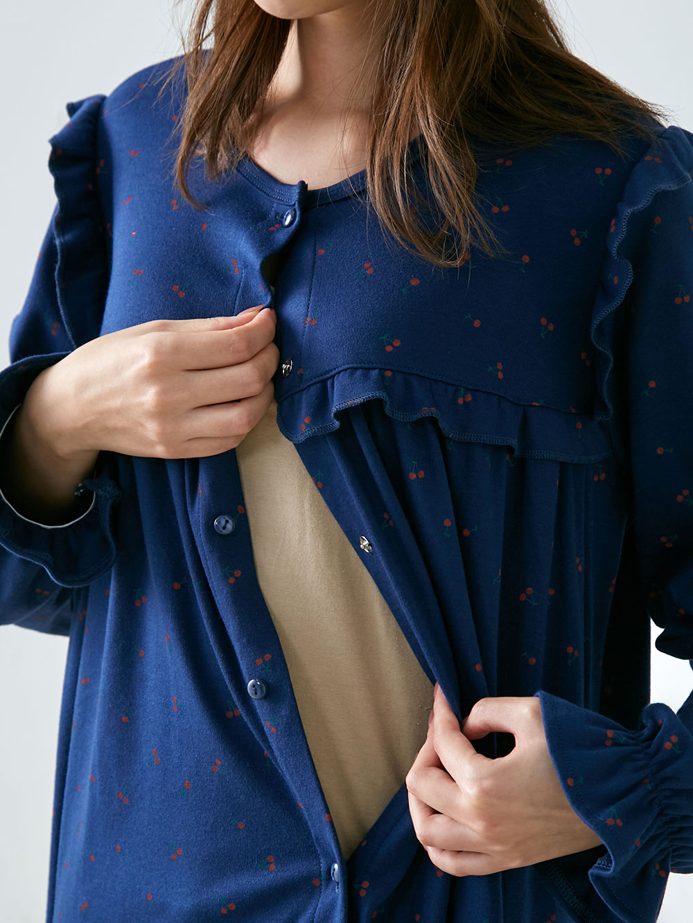 マタニティ パジャマ・ルームウェア|【セット】チェリープリントスムースフリルパジャマ　マタニティ・授乳パジャマ