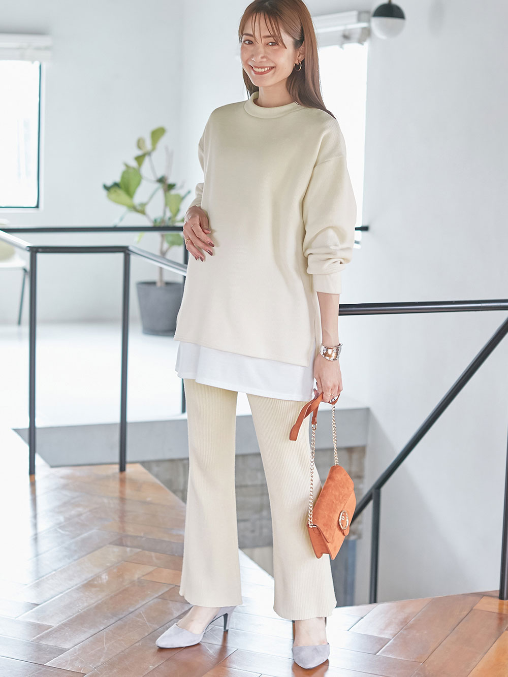 マタニティ パンツ|Rosemadame（ローズマダム）リブニットフレアパンツ　マタニティ・産後|オフベージュ