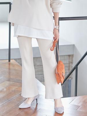 マタニティ パンツ|Rosemadame（ローズマダム）リブニットフレアパンツ　マタニティ・産後|オフベージュ