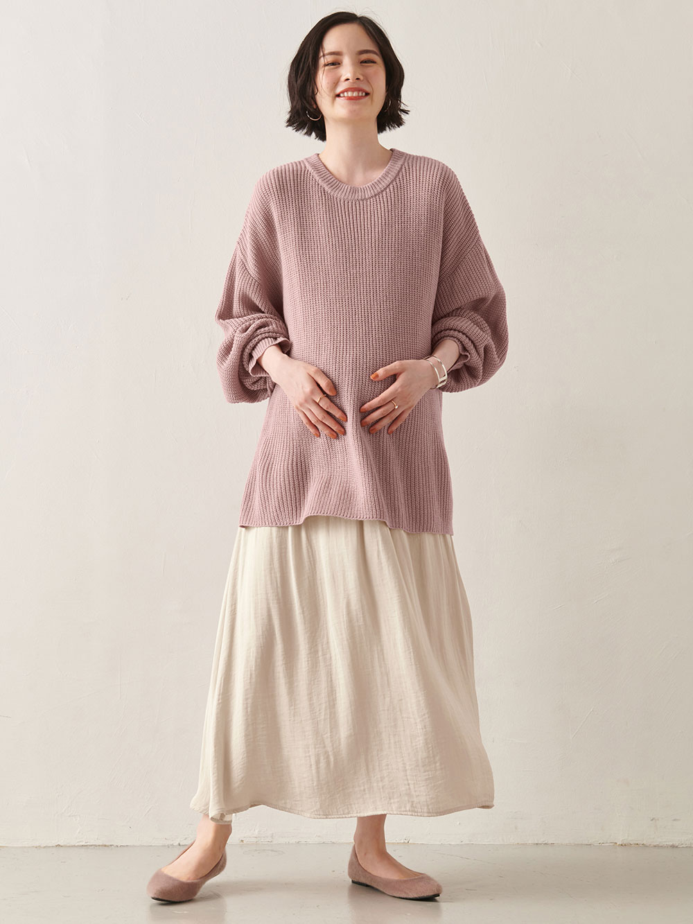 マタニティ ワンピース|ニット×サテン ドッキング ワンピース マタニティ・授乳服【出産後も長く使える】