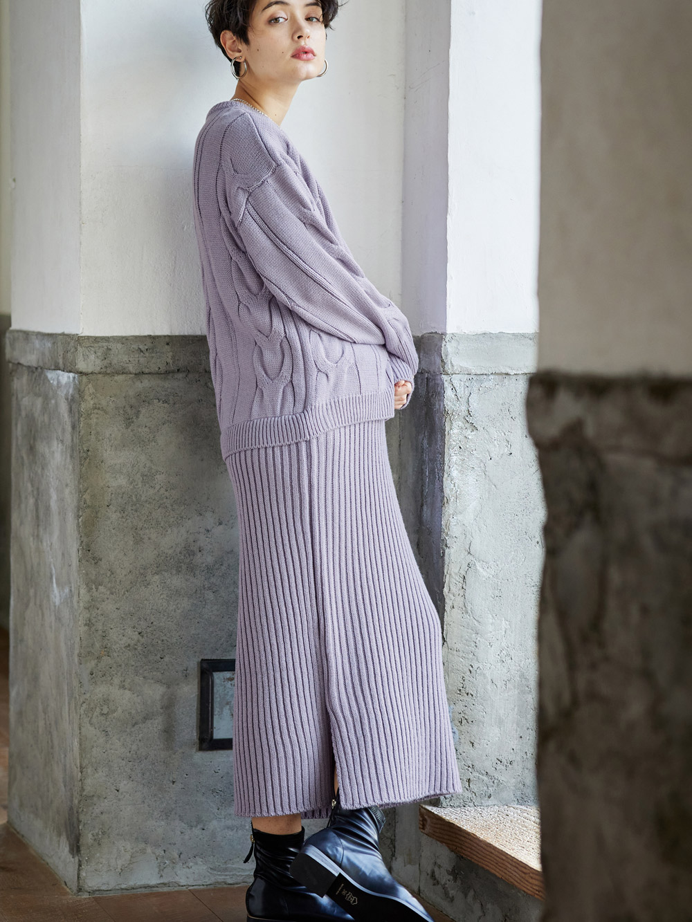 マタニティ ワンピース|Rosemadame（ローズマダム）ケーブルニットワンピ　マタニティ・授乳服【出産後も長く使える】|ラベンダー