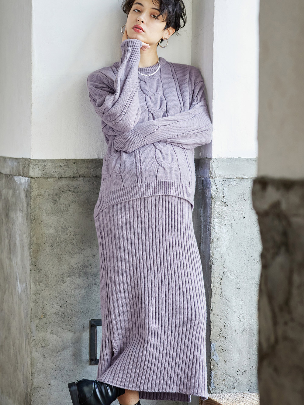 マタニティ ワンピース|Rosemadame（ローズマダム）ケーブルニットワンピ　マタニティ・授乳服【出産後も長く使える】|ラベンダー