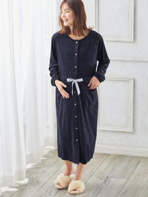 マタニティ パジャマ・ルームウェア|ベロアニットシームレスネグリジェ　マタニティ・授乳パジャマ|ドットエンボスネイビー