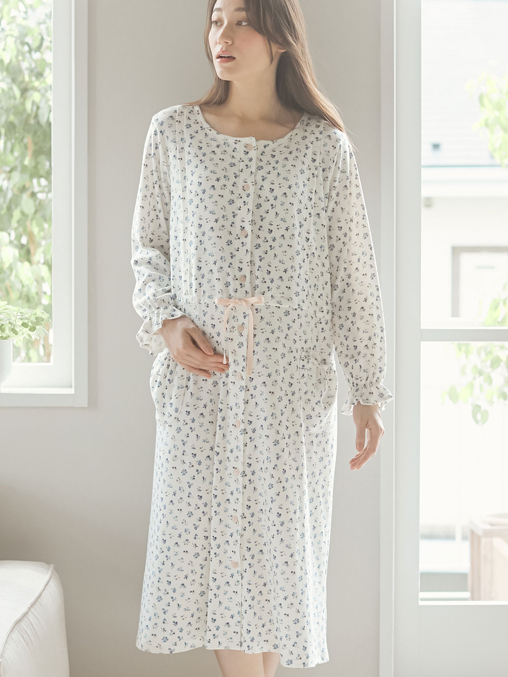 マタニティ パジャマ ルームウェア 部屋着 スムース花柄ロングスリーブネグリジェ マタニティ 授乳パジャマ マタニティウェア 授乳服通販 エンジェリーベ 公式