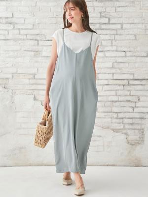 マタニティ ワンピース|【セット】サテンツイルキャミ ワンピース＆ニットソープルオーバー　マタニティ・授乳服【出産後も長く使える】|グレイッシュブルー