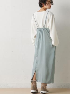 マタニティ ワンピース|【セット】サテンツイルキャミ ワンピース＆ニットソープルオーバー　マタニティ・授乳服【出産後も長く使える】|グレイッシュブルー