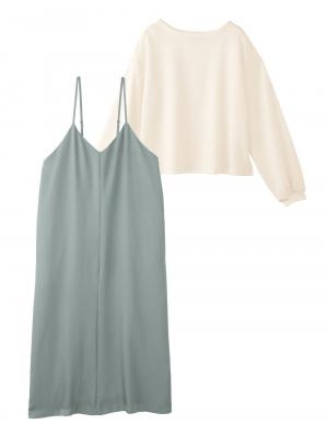 マタニティ ワンピース|【セット】サテンツイルキャミ ワンピース＆ニットソープルオーバー　マタニティ・授乳服【出産後も長く使える】|グレイッシュブルー