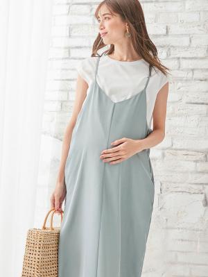 マタニティ ワンピース|【セット】サテンツイルキャミ ワンピース＆ニットソープルオーバー　マタニティ・授乳服【出産後も長く使える】|グレイッシュブルー