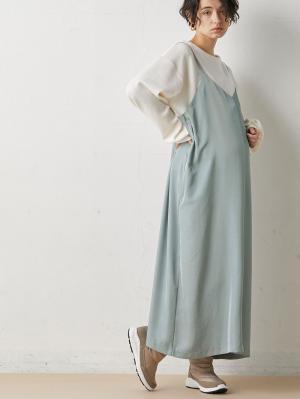 マタニティ ワンピース|【セット】サテンツイルキャミ ワンピース＆ニットソープルオーバー　マタニティ・授乳服【出産後も長く使える】|グレイッシュブルー