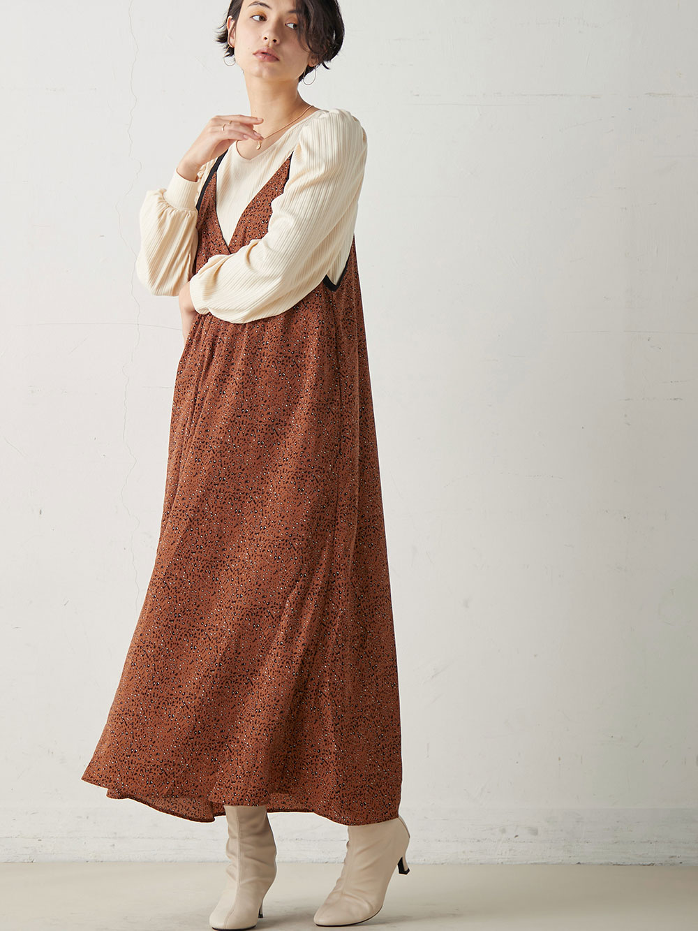 マタニティ ワンピース|エンパイアラインギャザーキャミ ワンピース　マタニティ・授乳服【出産後も長く使える】|ブラウン