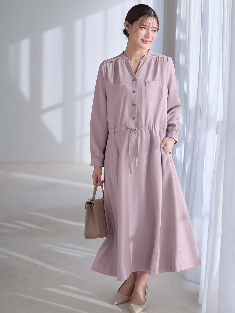 マタニティ ワンピース|ギャザーシャツ ワンピース　マタニティ・授乳服【出産後も長く使える】|ダスティピンク