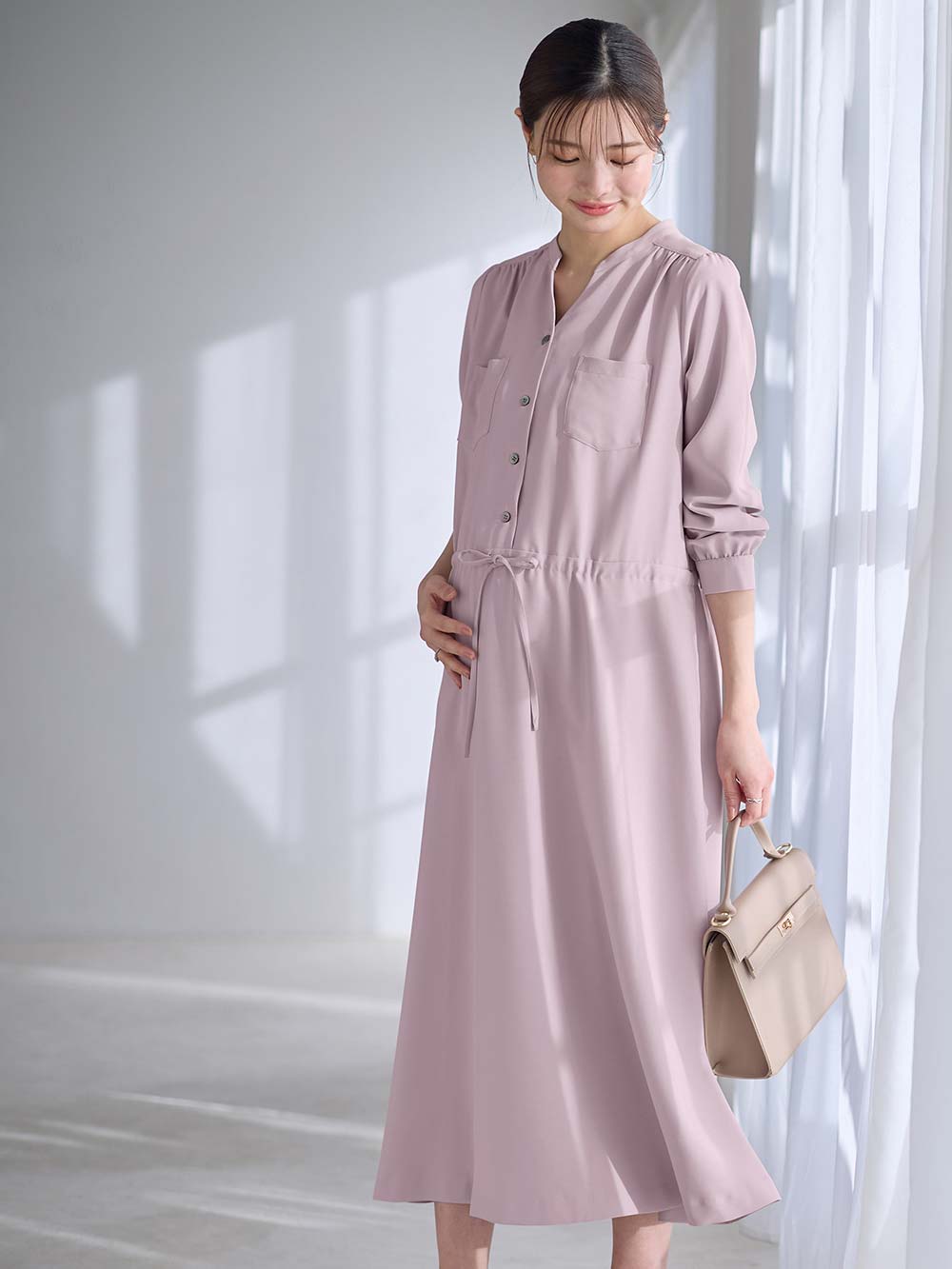 マタニティ ワンピース|ギャザーシャツ ワンピース　マタニティ・授乳服【出産後も長く使える】|ダスティピンク