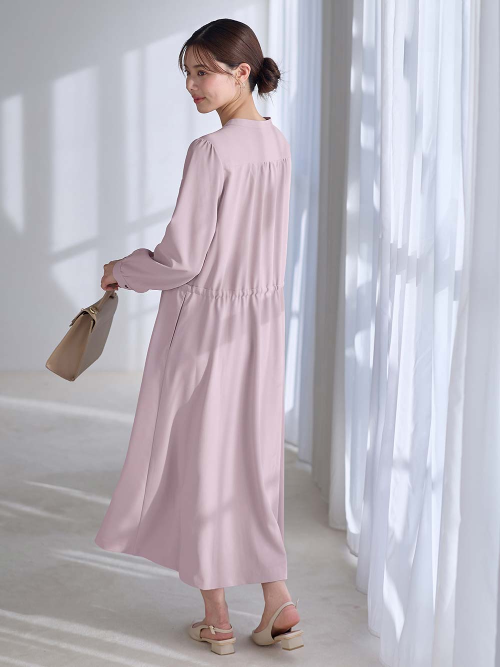 マタニティ ワンピース|ギャザーシャツ ワンピース　マタニティ・授乳服【出産後も長く使える】|ダスティピンク