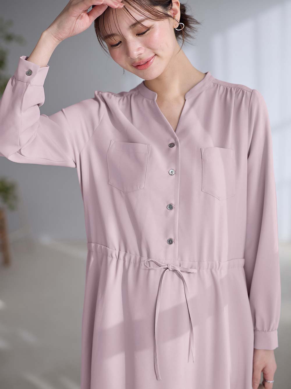 マタニティ ワンピース|ギャザーシャツ ワンピース　マタニティ・授乳服【出産後も長く使える】|ダスティピンク