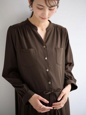 マタニティ ワンピース|ギャザーシャツ ワンピース　マタニティ・授乳服【出産後も長く使える】|ダークグリーン