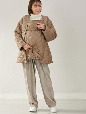 マタニティ アウター（コート）・ママコート|ダッカー付キルティング ショートコート　マタニティ・産後|ベージュ