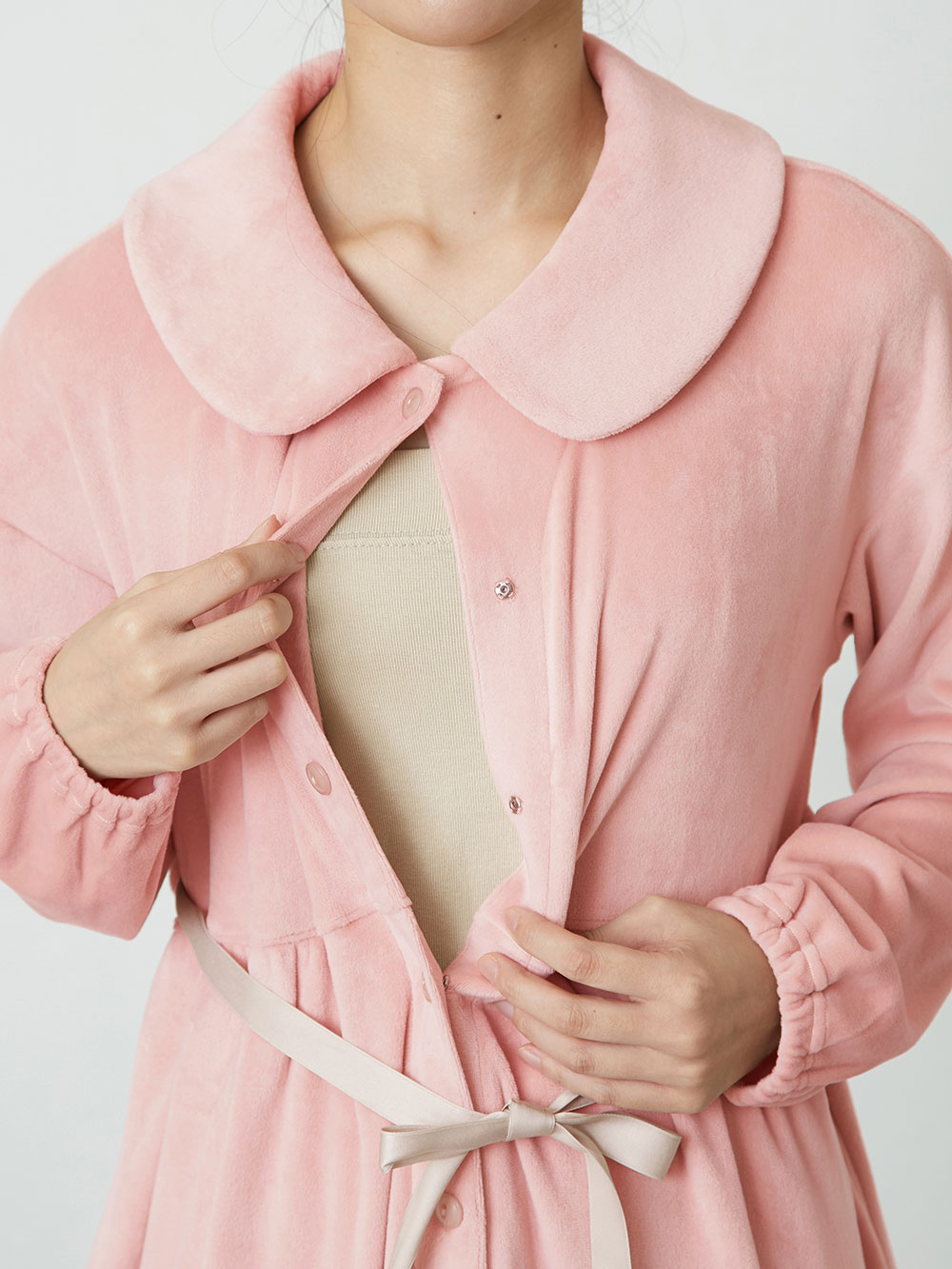 マタニティ パジャマ・ルームウェア|fairy（フェアリー）【セット】長袖ストレッチベロアラウンドカラーパジャマ　マタニティ・授乳パジャマ