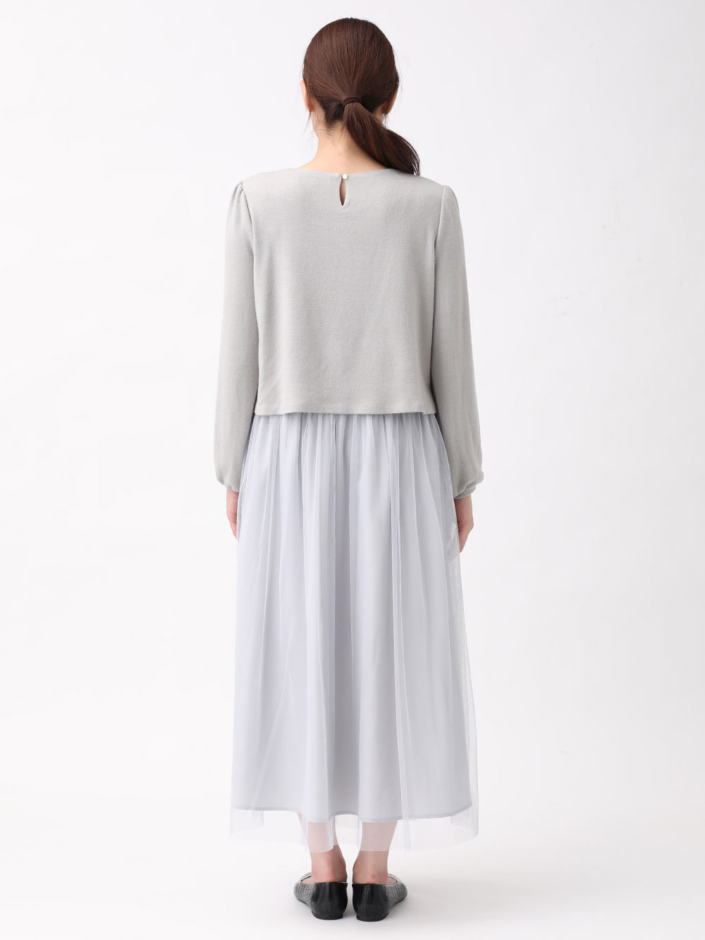 マタニティ ワンピース|ニットソー×チュールドッキングマキシ ワンピース　マタニティ・授乳服【出産後も長く使える】