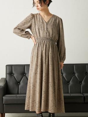 マタニティ ワンピース|ウエストシャーリングVネックプリント ワンピースマタニティ・授乳服【出産後も長く使える】|モカベージュ