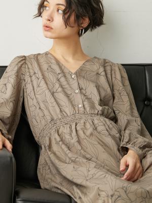 マタニティ ワンピース|ウエストシャーリングVネックプリント ワンピースマタニティ・授乳服【出産後も長く使える】|モカベージュ