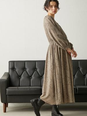 マタニティ ワンピース|ウエストシャーリングVネックプリント ワンピースマタニティ・授乳服【出産後も長く使える】|モカベージュ