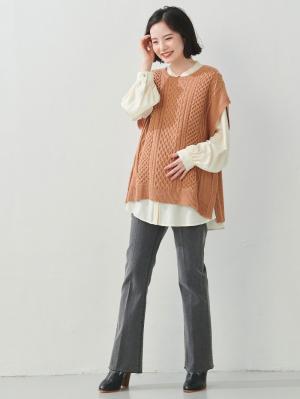 マタニティ トップス|授乳も便利なケーブルニットベスト　マタニティ・授乳服【出産後も長く使える】|ピンクブラウン