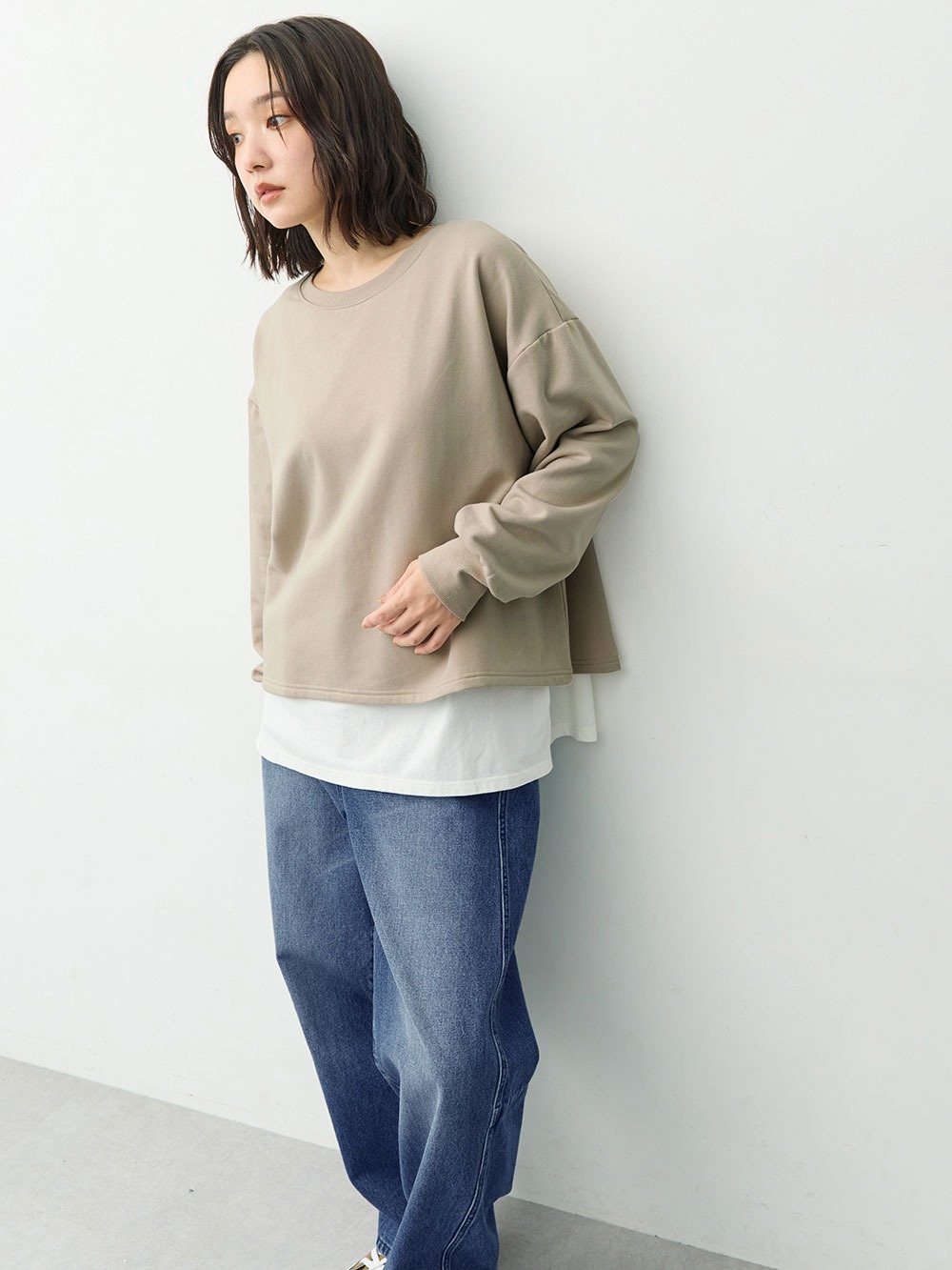 マタニティトップス・授乳服トップス|ミニ裏毛起毛レイヤード風スウェット　マタニティ・授乳服【出産後も長く使える】