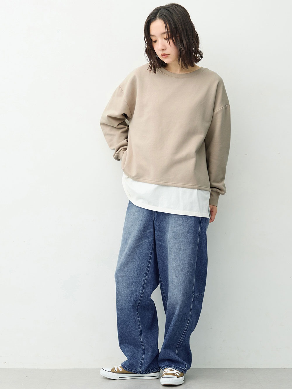 マタニティトップス・授乳服トップス|ミニ裏毛起毛レイヤード風スウェット　マタニティ・授乳服【出産後も長く使える】|グレージュ