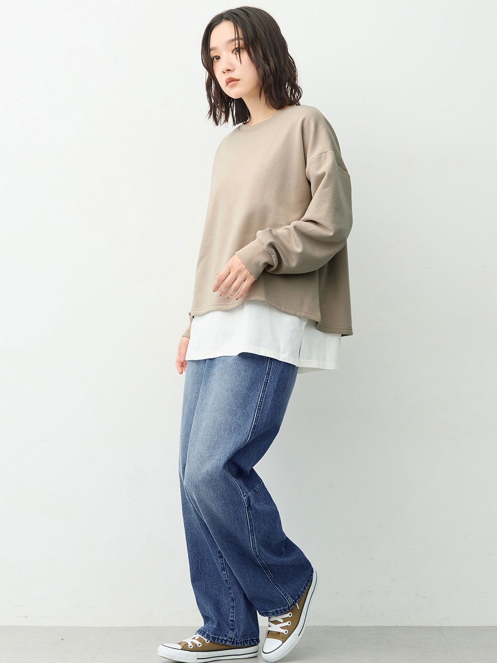 マタニティトップス・授乳服トップス|ミニ裏毛起毛レイヤード風スウェット　マタニティ・授乳服【出産後も長く使える】|グレージュ