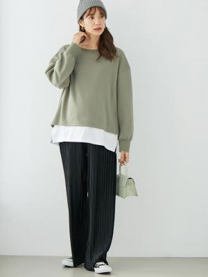 マタニティトップス・授乳服トップス|ミニ裏毛起毛レイヤード風スウェット　マタニティ・授乳服【出産後も長く使える】|カーキ