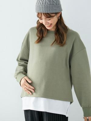 マタニティトップス・授乳服トップス|ミニ裏毛起毛レイヤード風スウェット　マタニティ・授乳服【出産後も長く使える】|カーキ