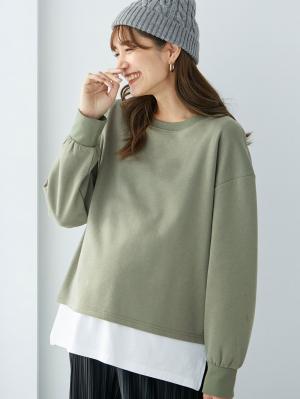マタニティトップス・授乳服トップス|ミニ裏毛起毛レイヤード風スウェット　マタニティ・授乳服【出産後も長く使える】|カーキ