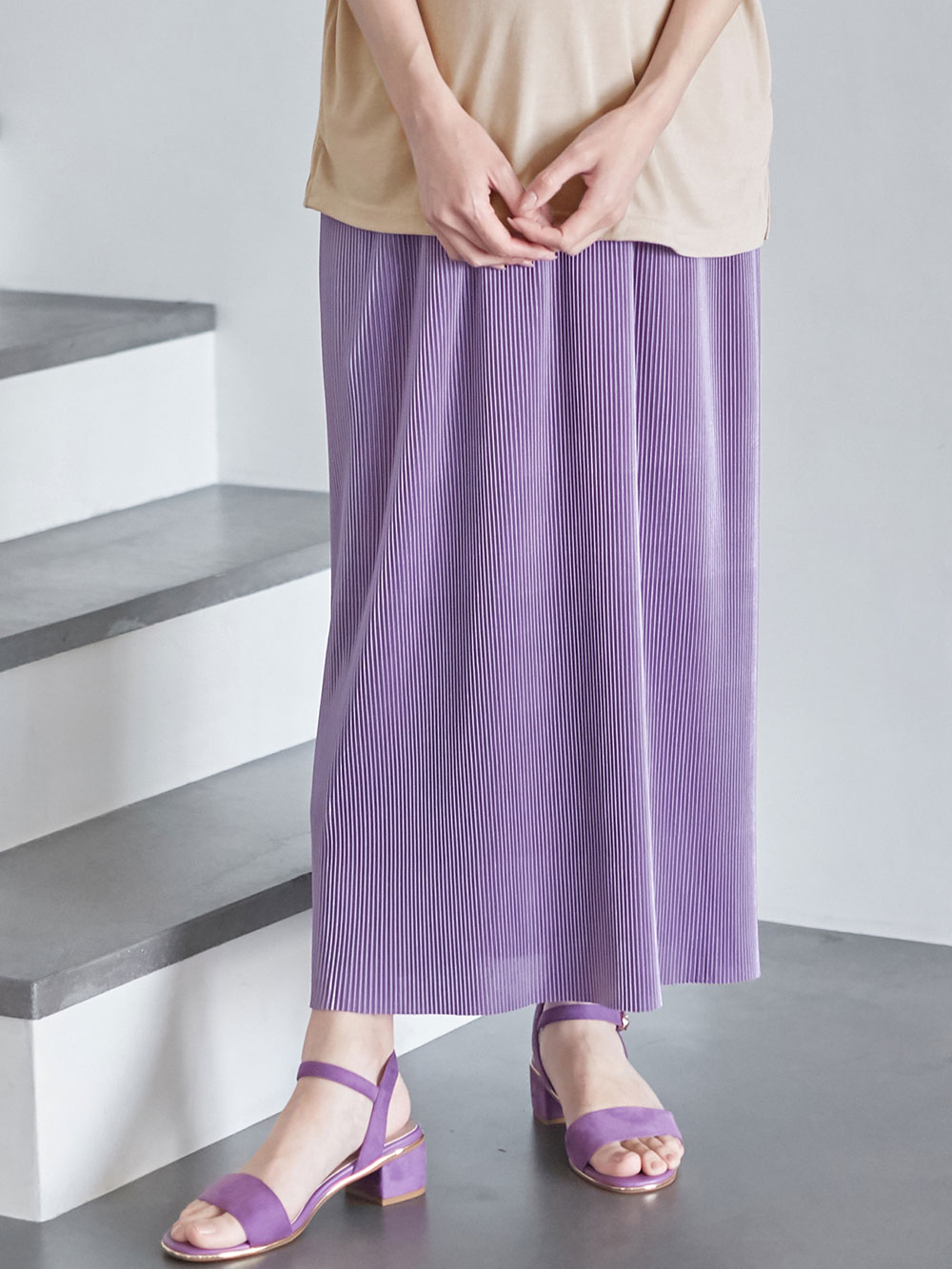マタニティ スカート|フリーカットできるサテンプリーツタイトスカート　マタニティ・産後【出産後も長く使える】|パープル