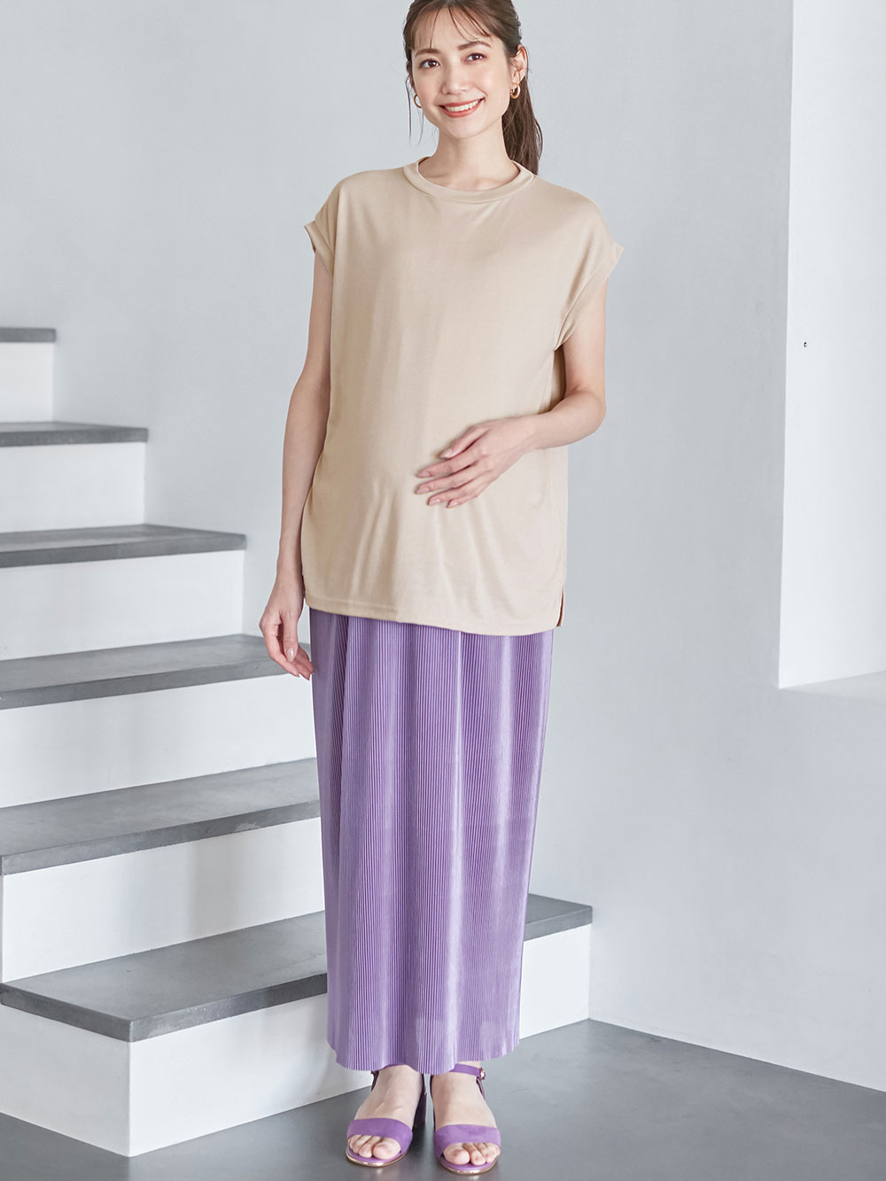 マタニティ スカート|フリーカットできるサテンプリーツタイトスカート　マタニティ・産後【出産後も長く使える】|パープル