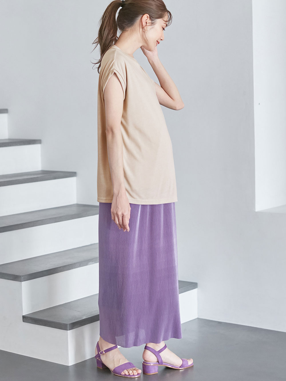 マタニティ スカート|フリーカットできるサテンプリーツタイトスカート　マタニティ・産後【出産後も長く使える】|パープル