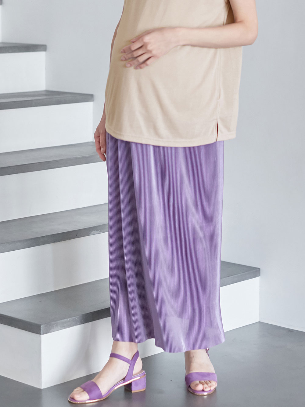 マタニティ スカート|フリーカットできるサテンプリーツタイトスカート　マタニティ・産後【出産後も長く使える】|パープル