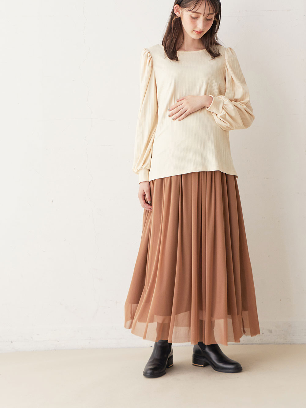 マタニティ スカート|チュールロングスカート　マタニティ・産後【出産後も長く使える】|ブラウン