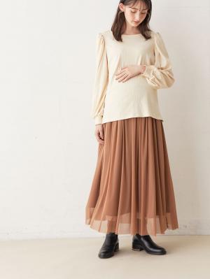 マタニティ スカート|チュールロングスカート　マタニティ・産後【出産後も長く使える】|ブラウン