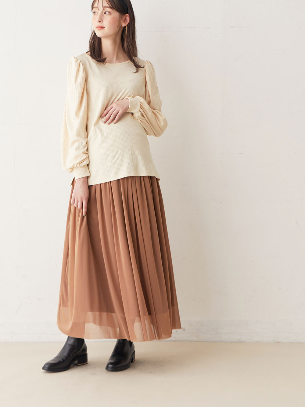 マタニティ スカート|チュールロングスカート　マタニティ・産後【出産後も長く使える】|ブラウン