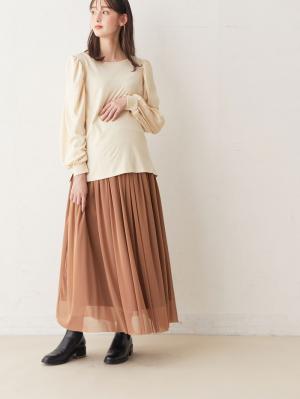 マタニティ スカート|チュールロングスカート　マタニティ・産後【出産後も長く使える】|ブラウン