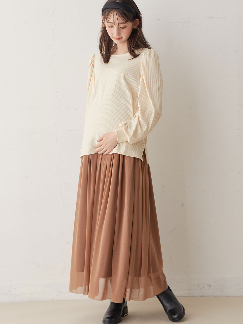 マタニティ スカート|チュールロングスカート　マタニティ・産後【出産後も長く使える】|ブラウン