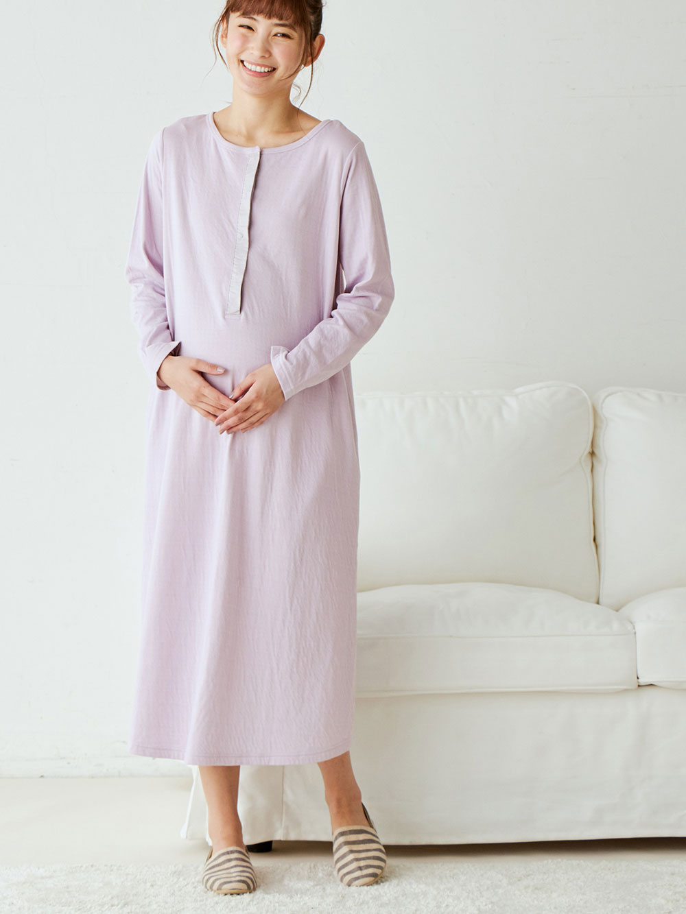 マタニティ パジャマ・ルームウェア|接結ガーゼAラインワンピースネグリジェ　マタニティ・授乳パジャマ|ラベンダー