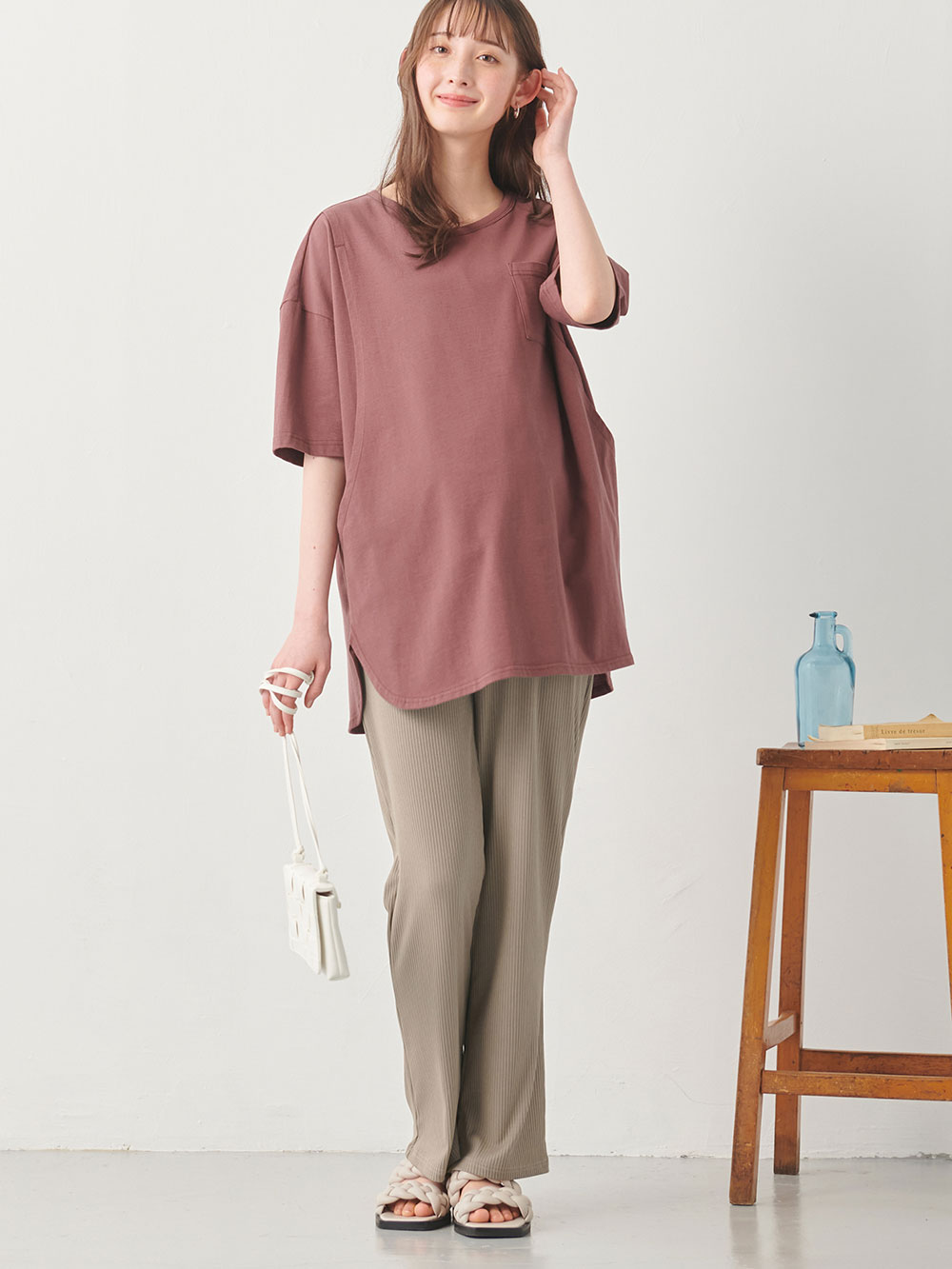 マタニティ パンツ|ストレッチリブフレアパンツ マタニティ・産後【出産後も長く使える】|ベージュ