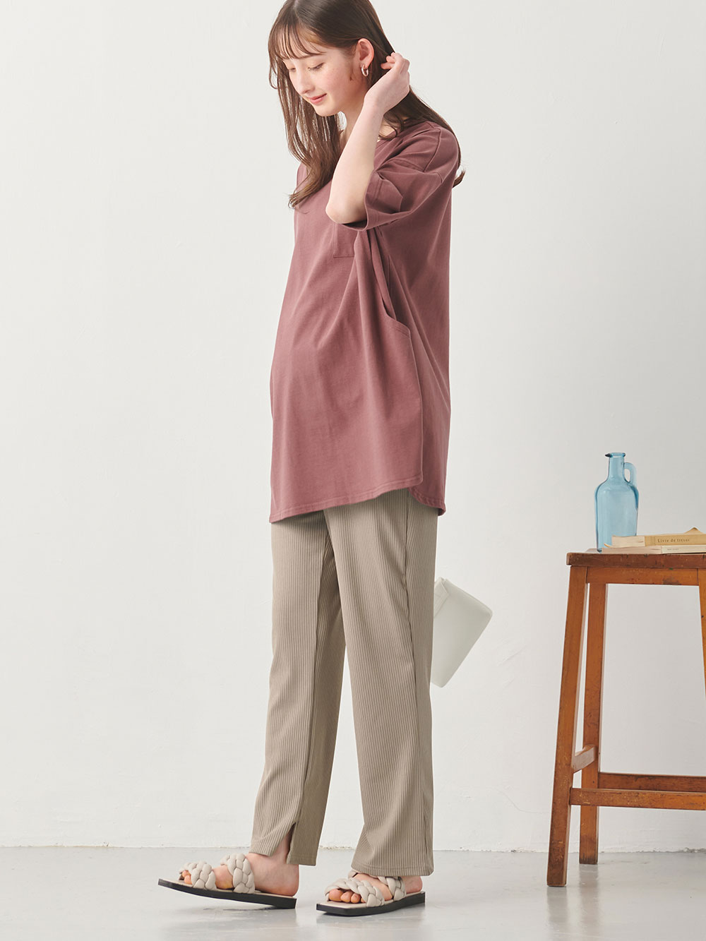 マタニティ パンツ|ストレッチリブフレアパンツ マタニティ・産後【出産後も長く使える】|ベージュ